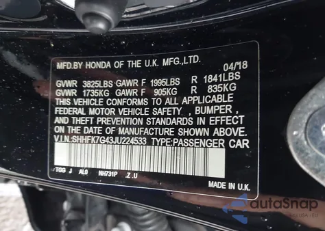 2018 Honda Civic Sport z USA, uszkodzony, nr VIN SHHFK7G43JU224533